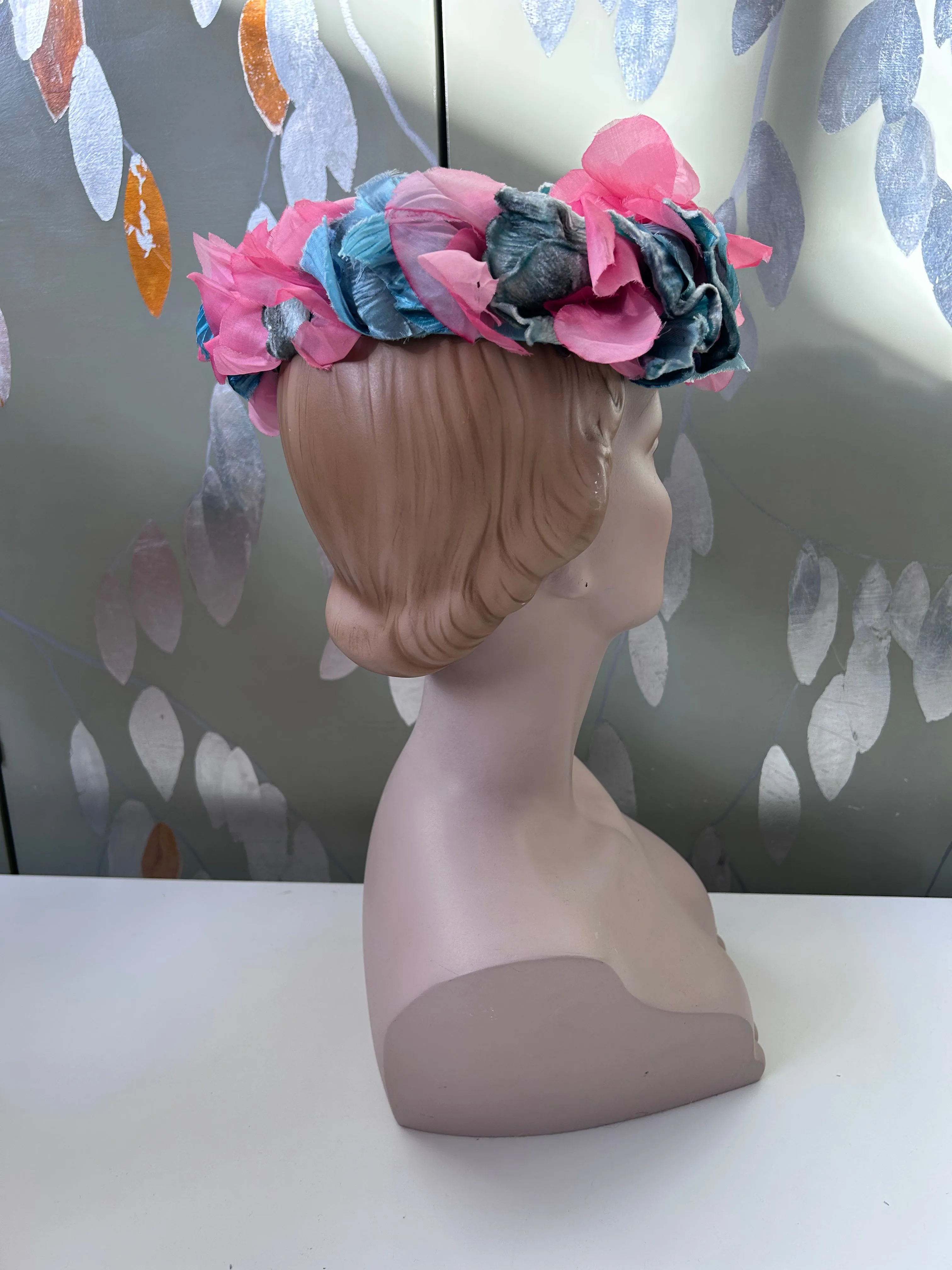 1960s Flower Crown, Blue and Pink Petals