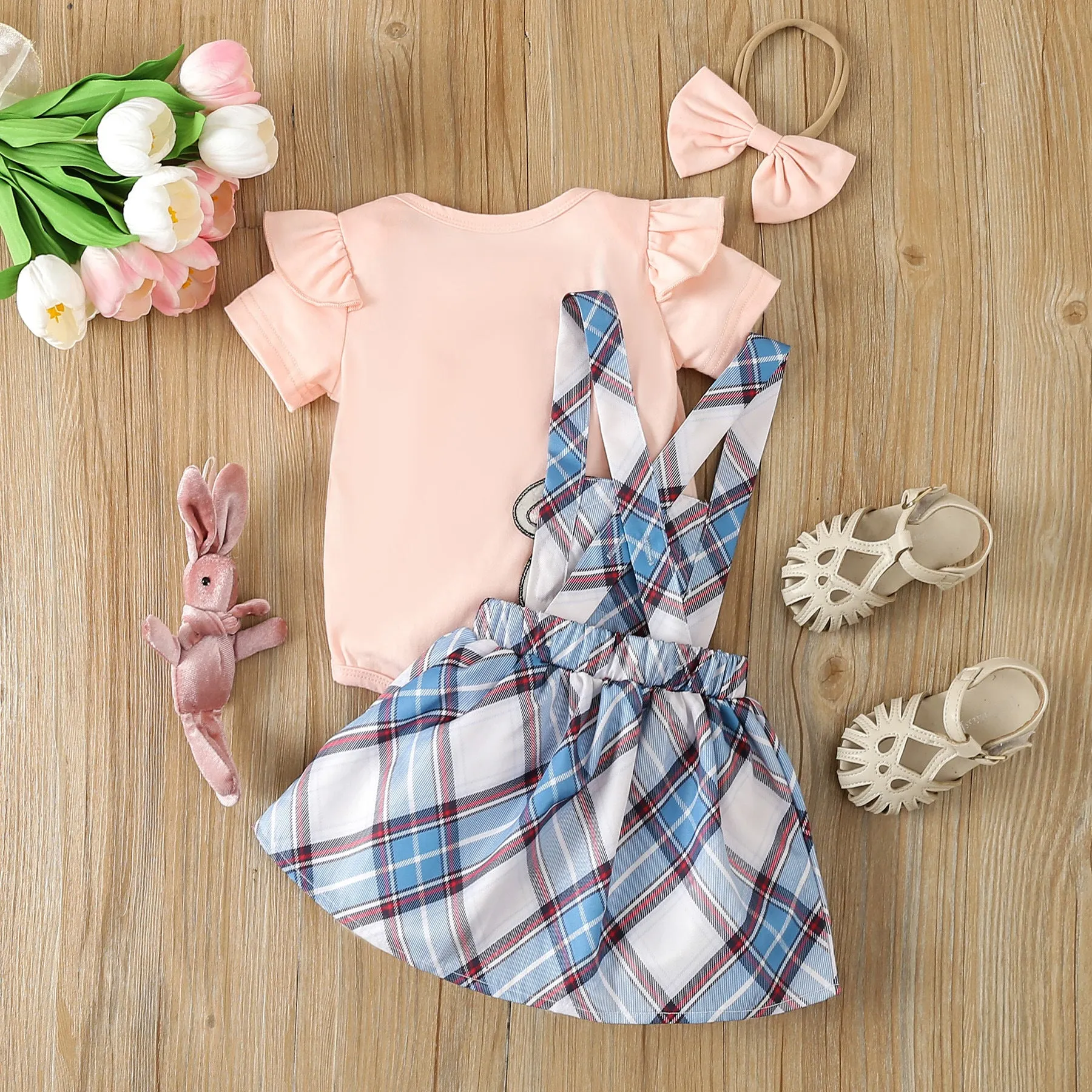 2 Pieces Set Baby Girls Solid Color Tops Checked And Cartoon Dresses Wholesale 24030147