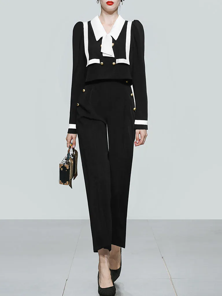 2PS Black Sailor Long Sleeve Top With High Waist Wide Leg Pants Suit