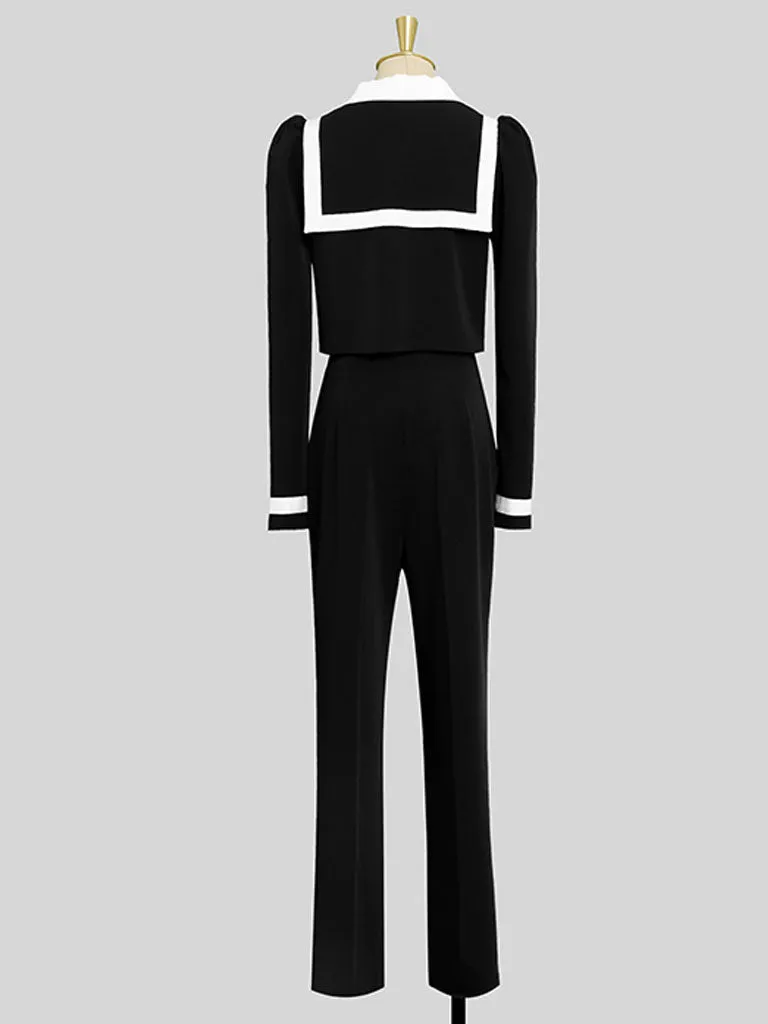 2PS Black Sailor Long Sleeve Top With High Waist Wide Leg Pants Suit