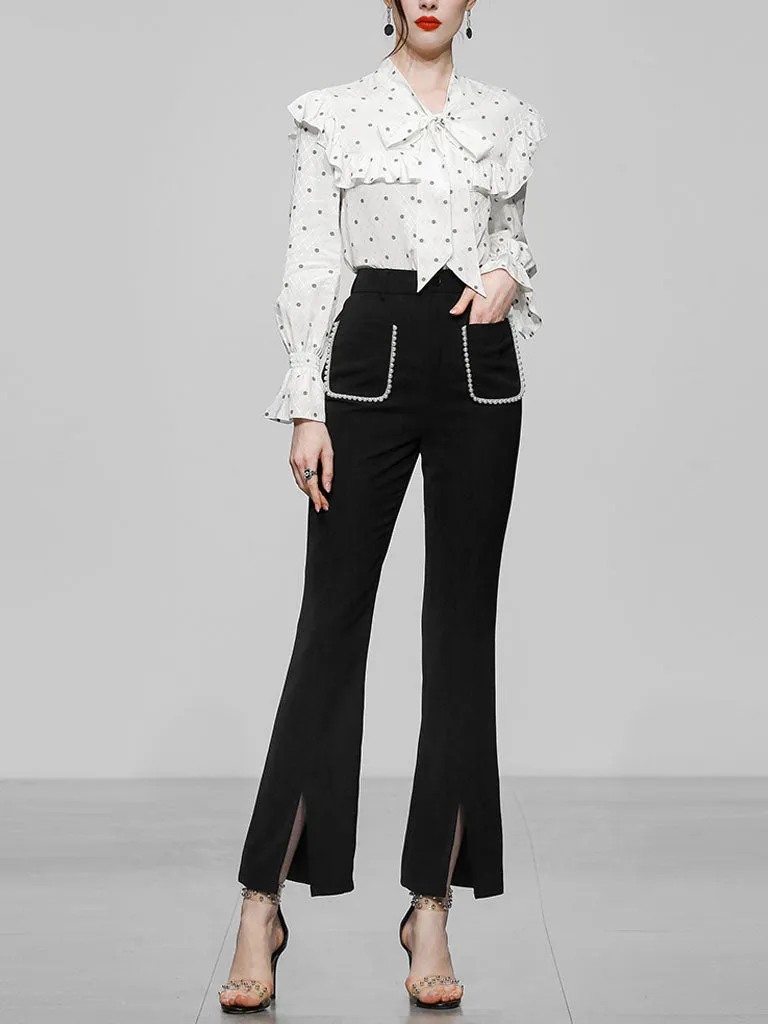 2PS White V Neck Ruffles Long Sleeve Top With High Waist Wide Leg Pants Suit