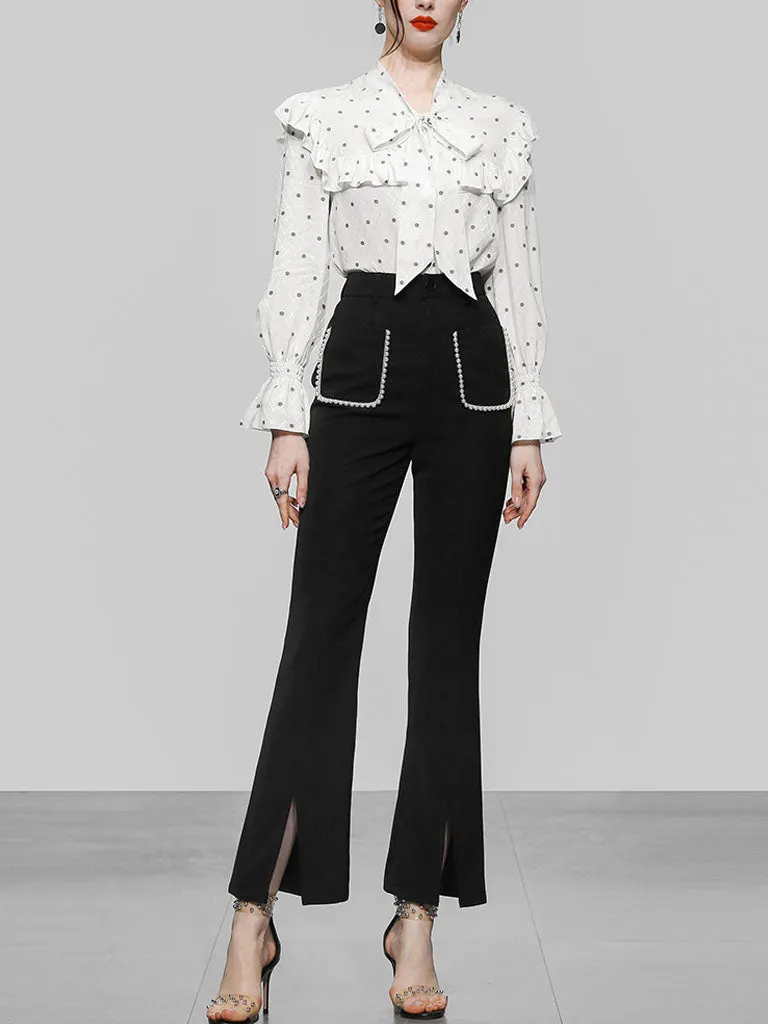 2PS White V Neck Ruffles Long Sleeve Top With High Waist Wide Leg Pants Suit