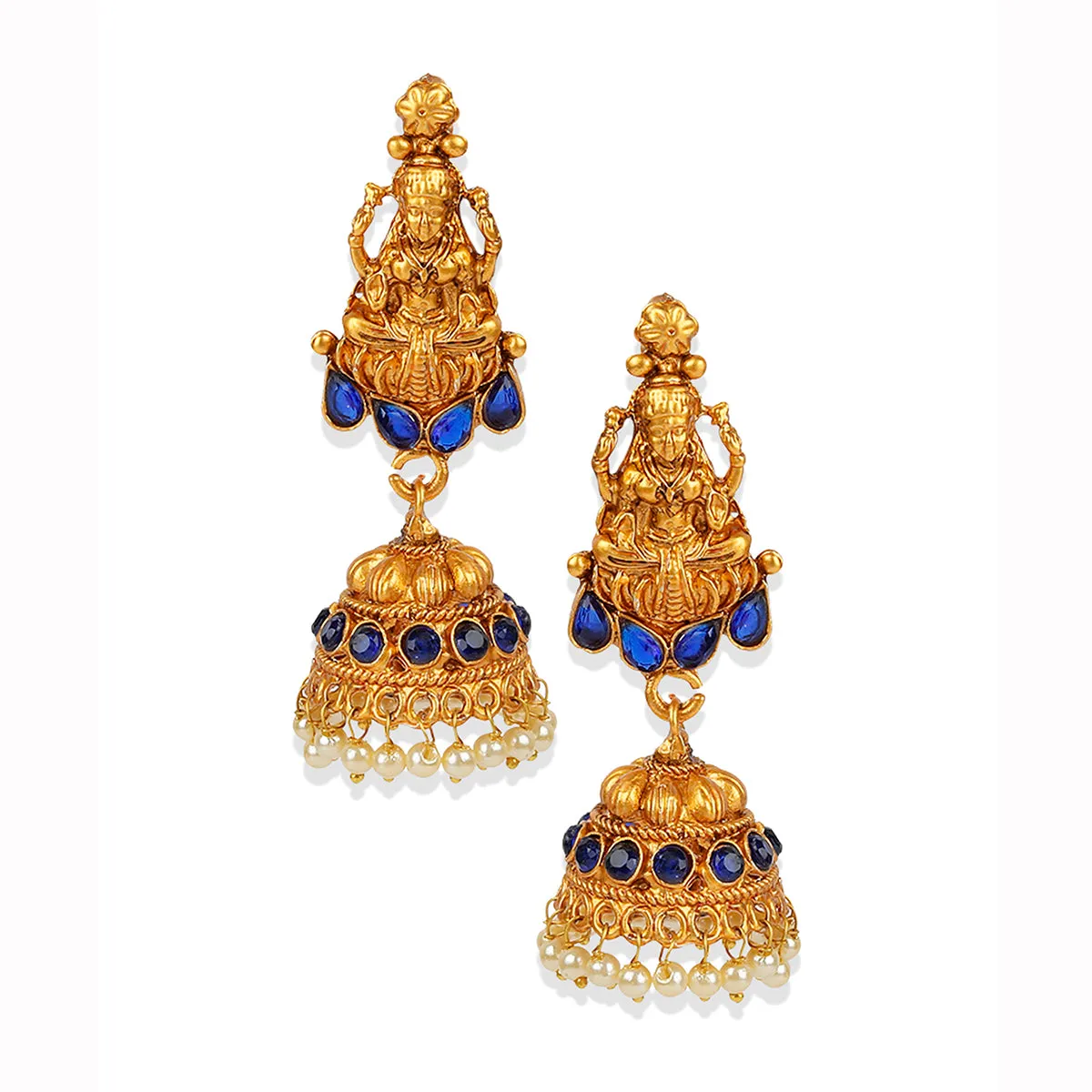 Antique Matte Gold Finish Goddess Laxmi Blue Stone Studded Temple Jewellery Set - Anikas Creation