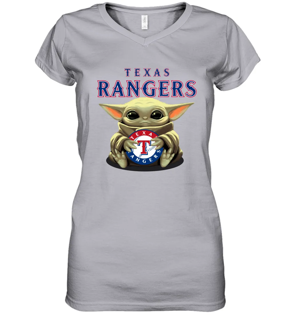 Baby Yoda Hugs Loves The Texas Rangers Baseball Womens V-Neck T-Shirt