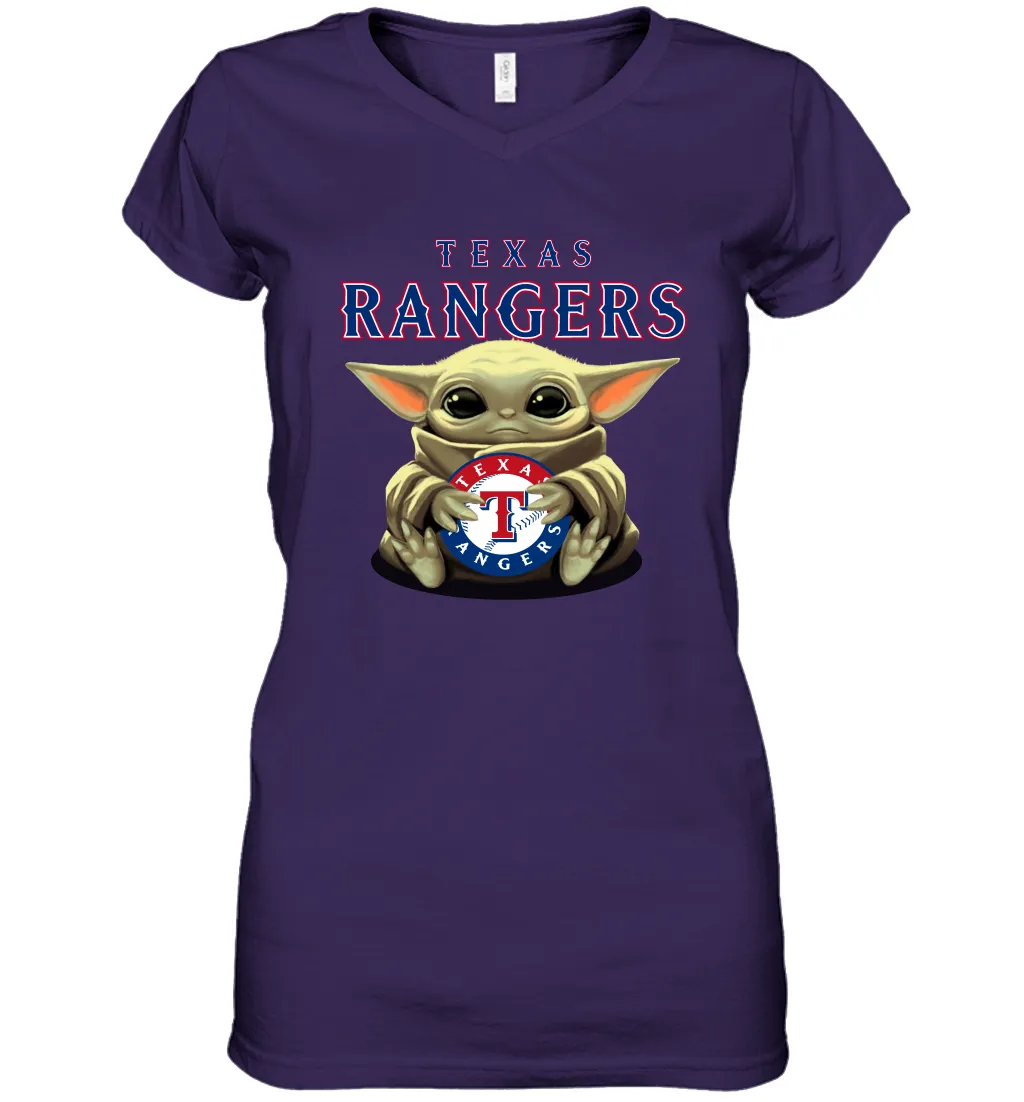 Baby Yoda Hugs Loves The Texas Rangers Baseball Womens V-Neck T-Shirt