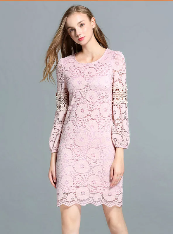 Beading Hollow Out Pink Lace Dress