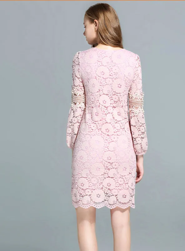 Beading Hollow Out Pink Lace Dress