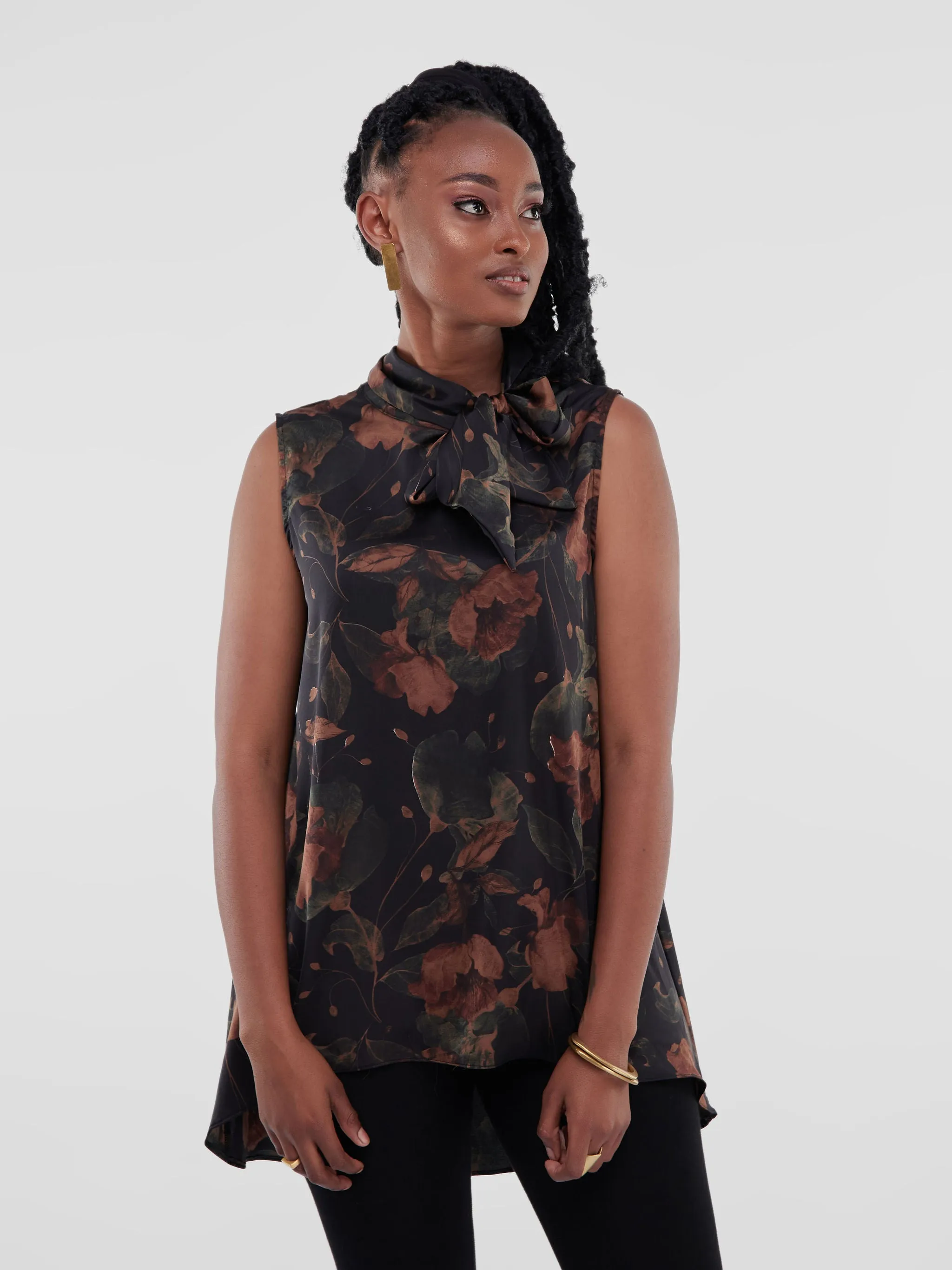 Bissa High Low Sleeveless Top - Black Floral Print