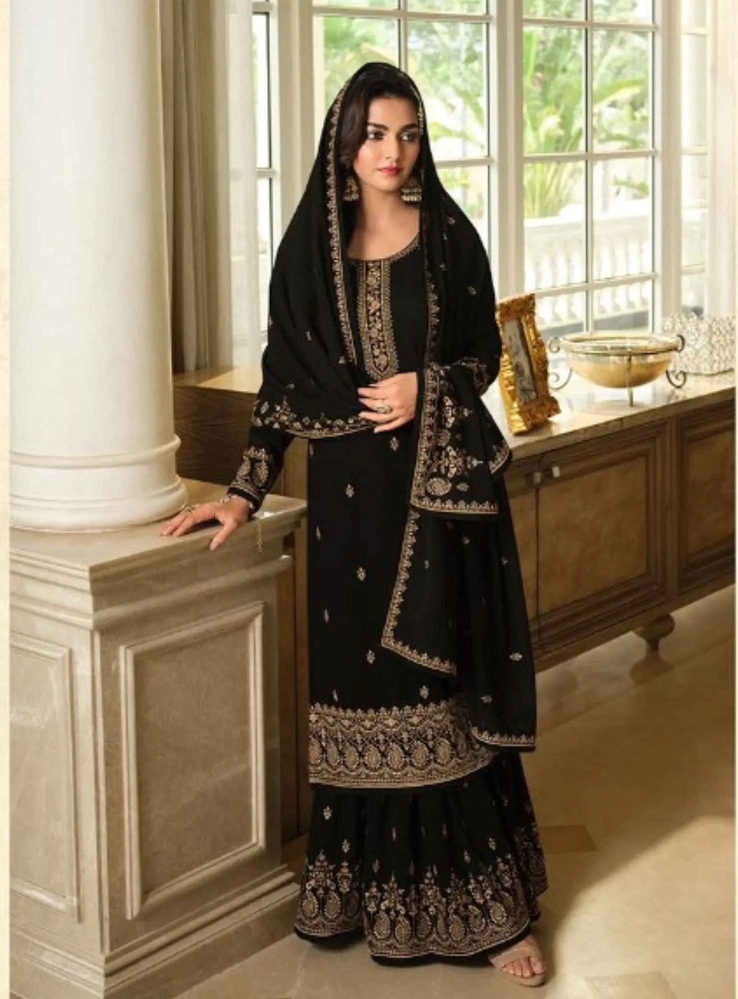 Black Long Kurta Georgette Sharara Set - Rent