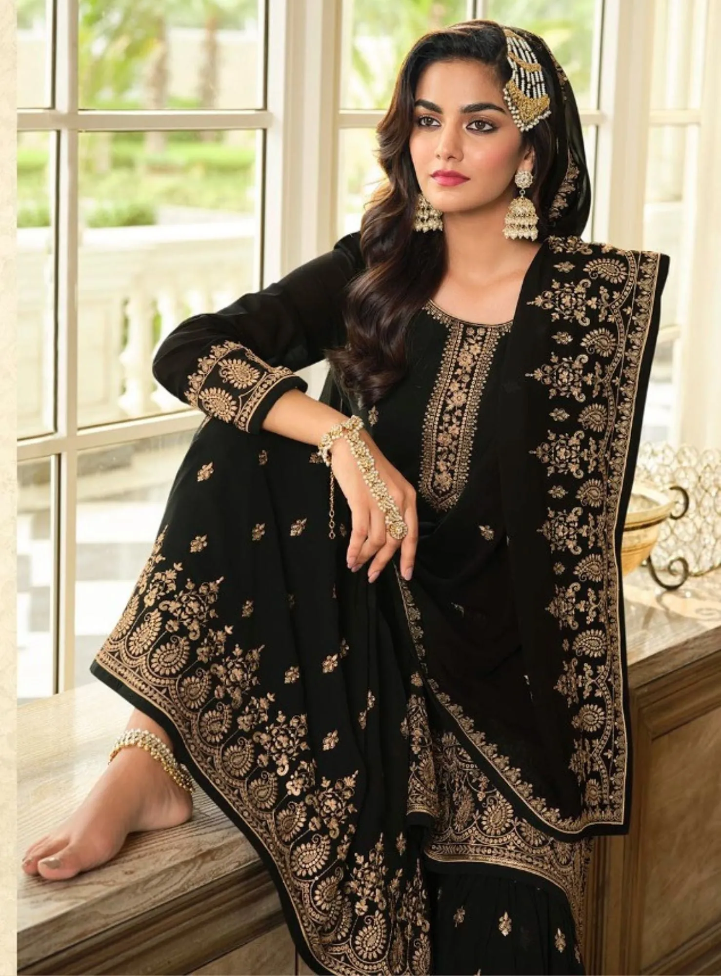 Black Long Kurta Georgette Sharara Set - Rent