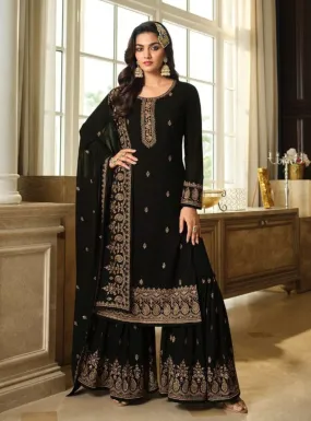 Black Long Kurta Georgette Sharara Set - Rent