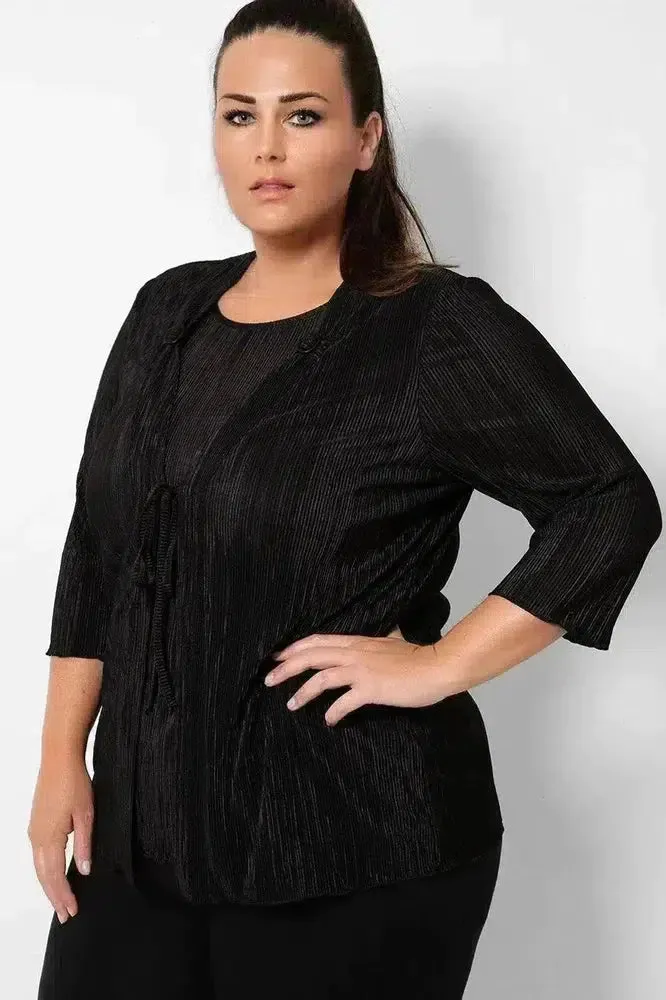 Black Pleated Front Tie Cardigan Overlay Blouse