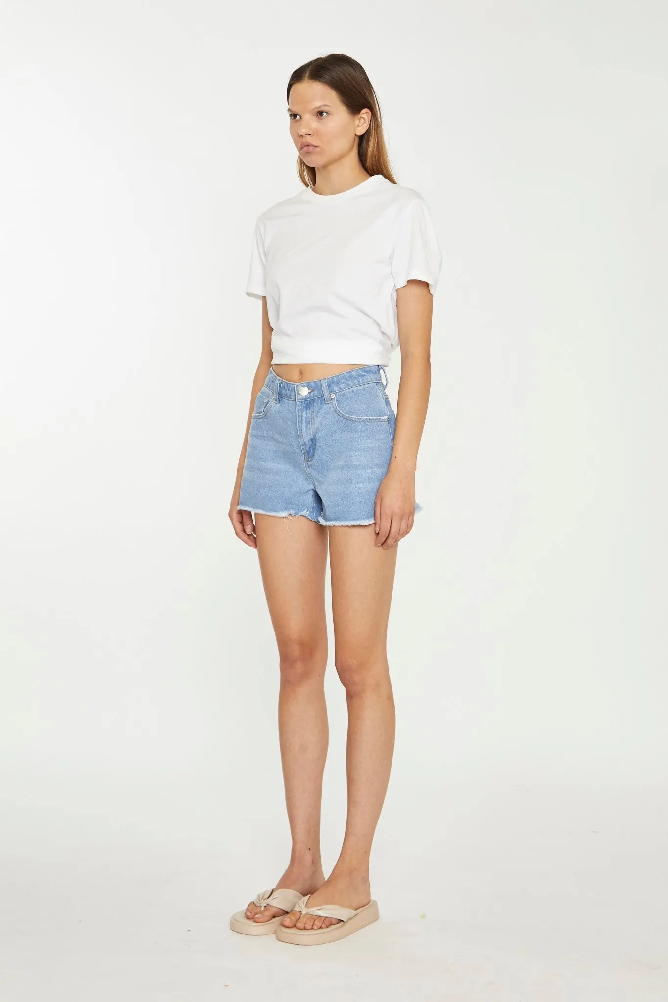 Bleach-Blue Frayed Hem Denim Shorts