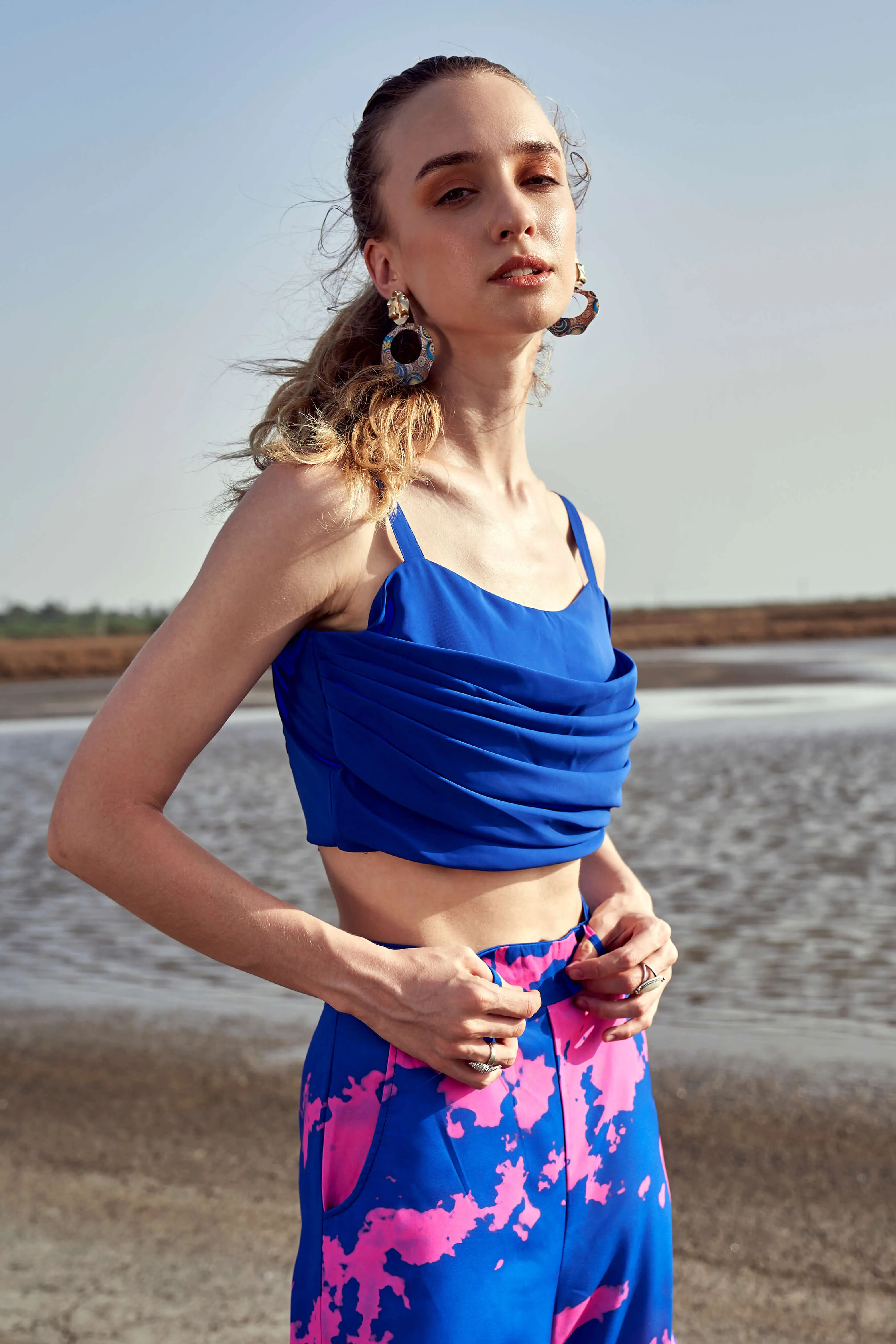 Blue Bustier Pleated Crop Top