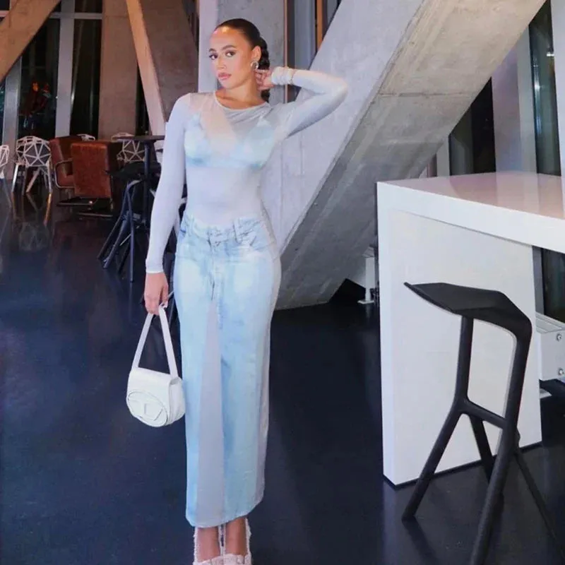 Blue Jeans Round Neck Long Sleeve Daily Fashion Sexy Casual Streetwear Autumn Maxi Dress