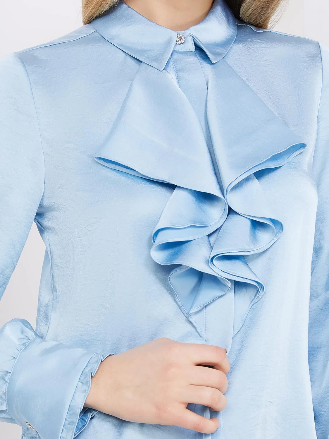 Button-Up Satin Blouse With Ruffle Front