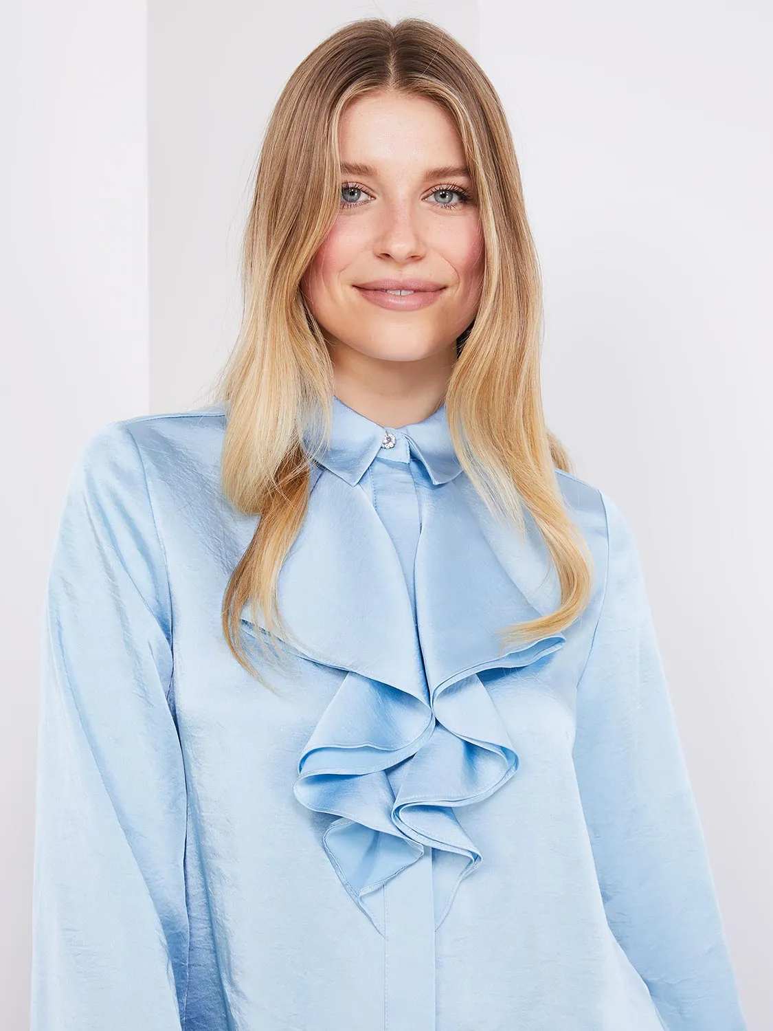 Button-Up Satin Blouse With Ruffle Front