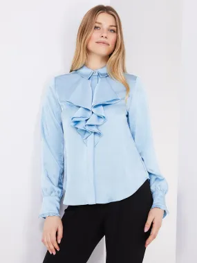 Button-Up Satin Blouse With Ruffle Front