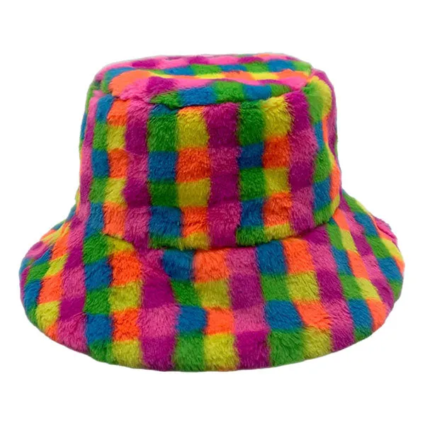 Checkered Faux Fur Bucket Hat