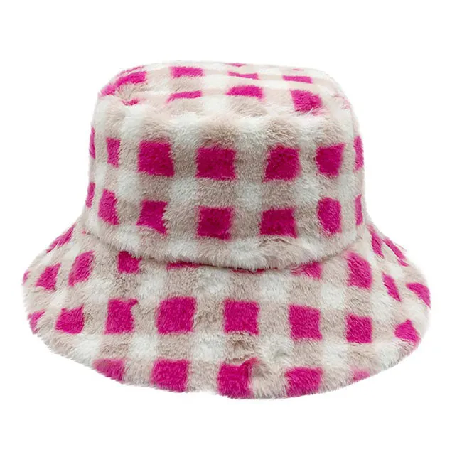 Checkered Faux Fur Bucket Hat