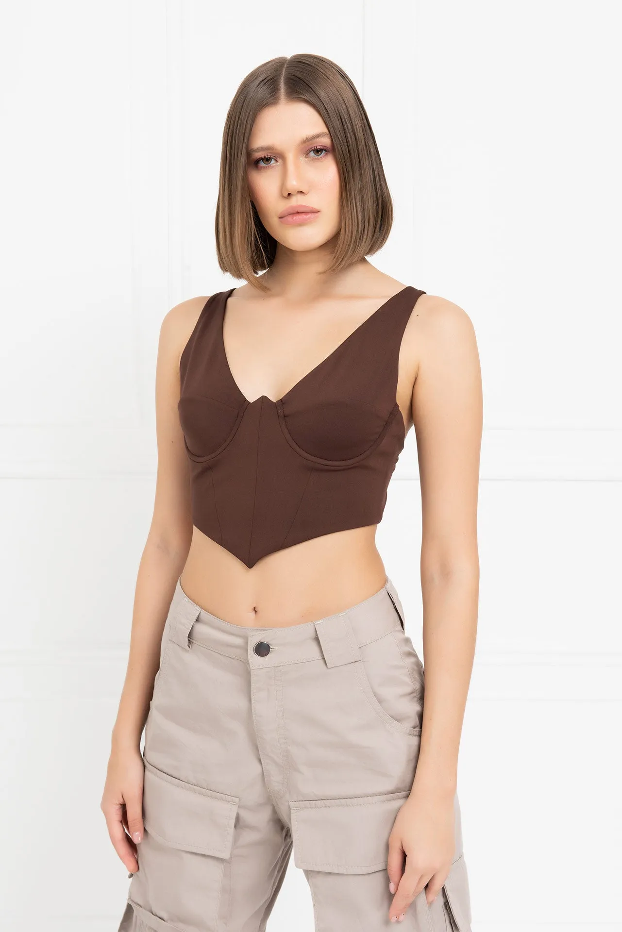 Coco Jone Widow's Peak Bustier Bralet Tank Crop Top - Chocolate