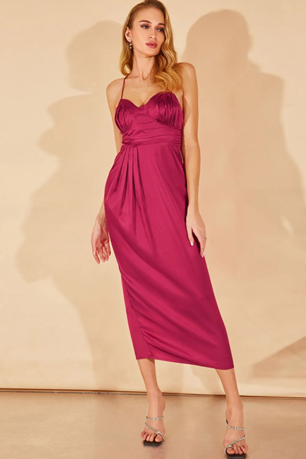 Crisscross Pleated Detail Slit Satin Dress