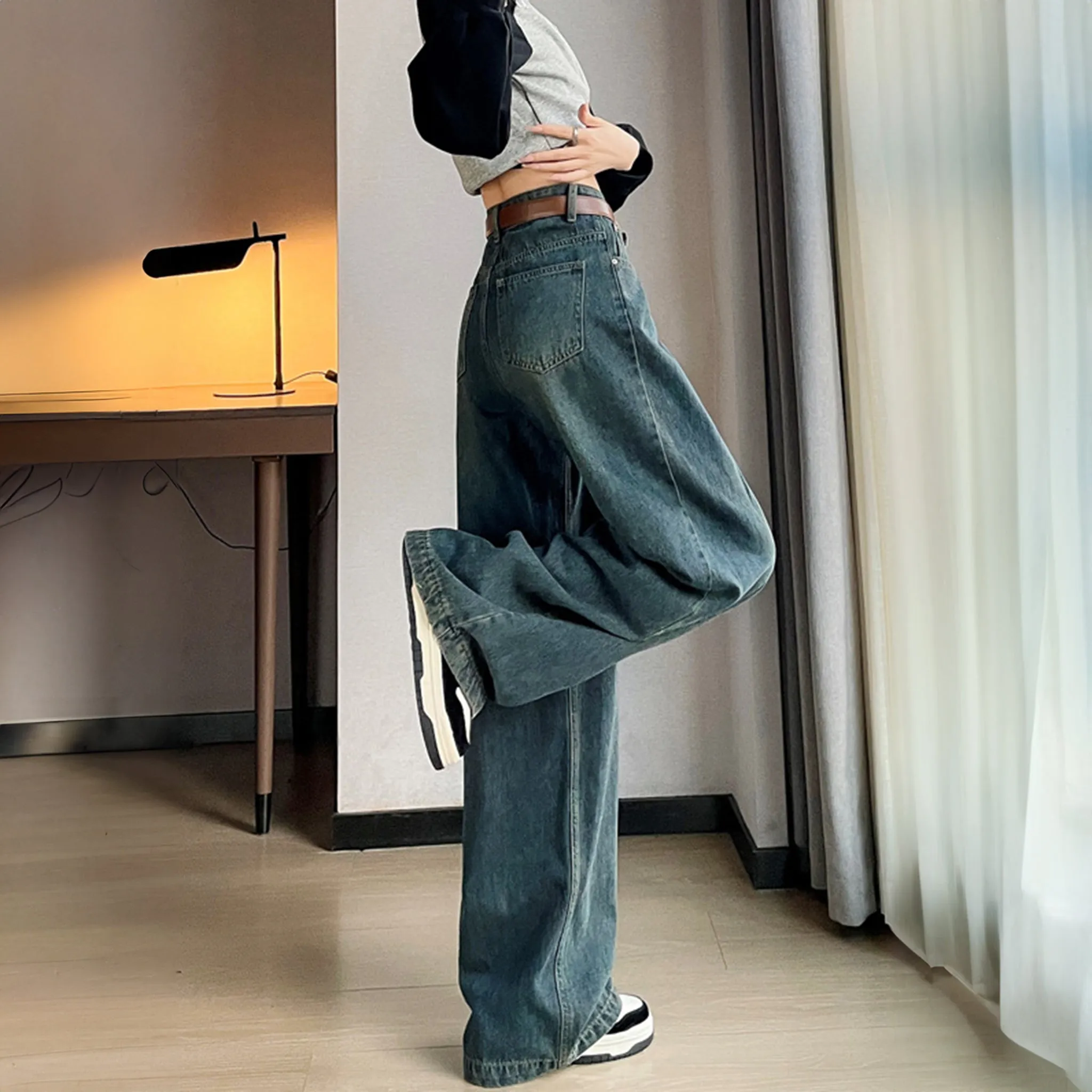 Dark Blue Cotton Korean baggy pants for women