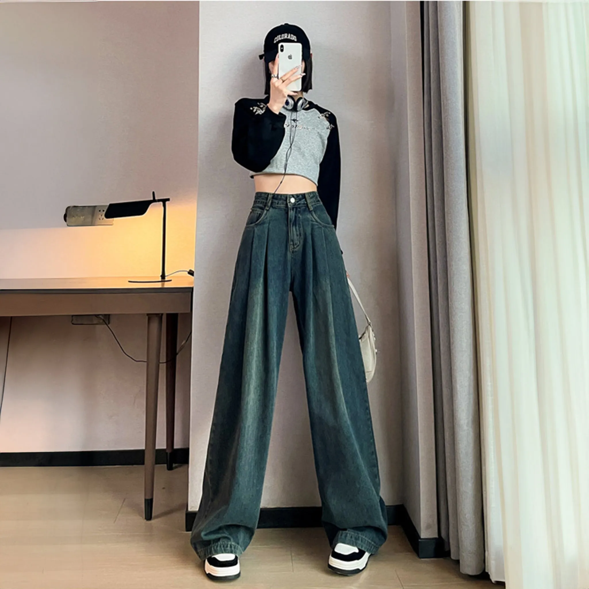 Dark Blue Cotton Korean baggy pants for women