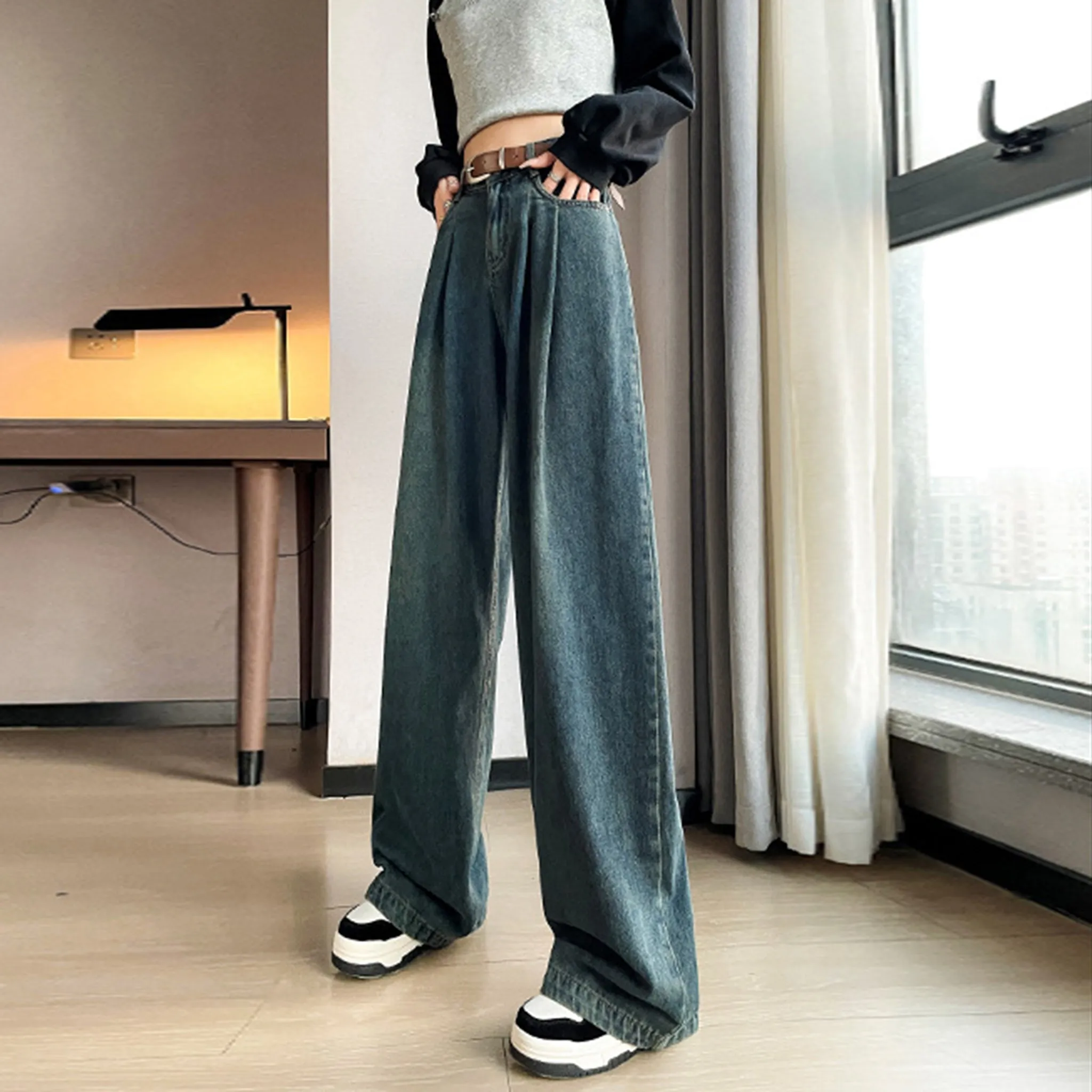 Dark Blue Cotton Korean baggy pants for women