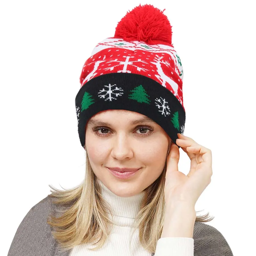 Deer Snowflake Christmas Tree Pom Pom Beanie Hat