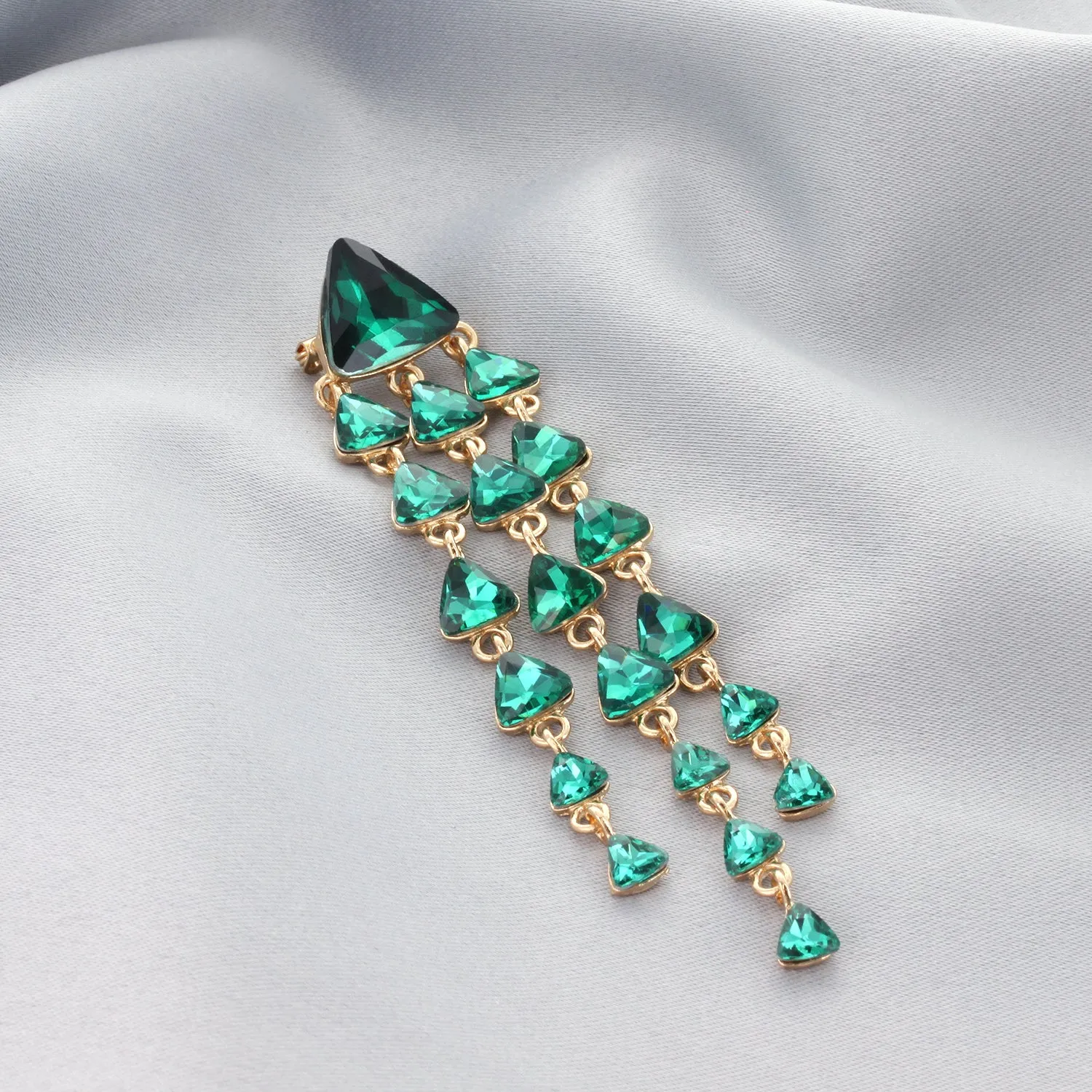 Everly Triangle 3-Tier Rhinestone Brooch - Green