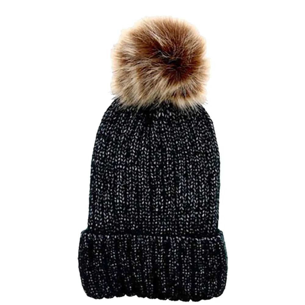 Faux Fur Soft Knit Faux Pom Pom Beanie Hat