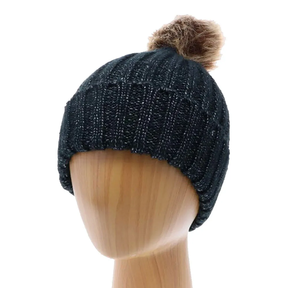 Faux Fur Soft Knit Faux Pom Pom Beanie Hat