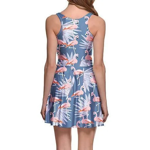 Flamingo and Palm Leaves All Over Print Sleeveless Skater Dress in Blue