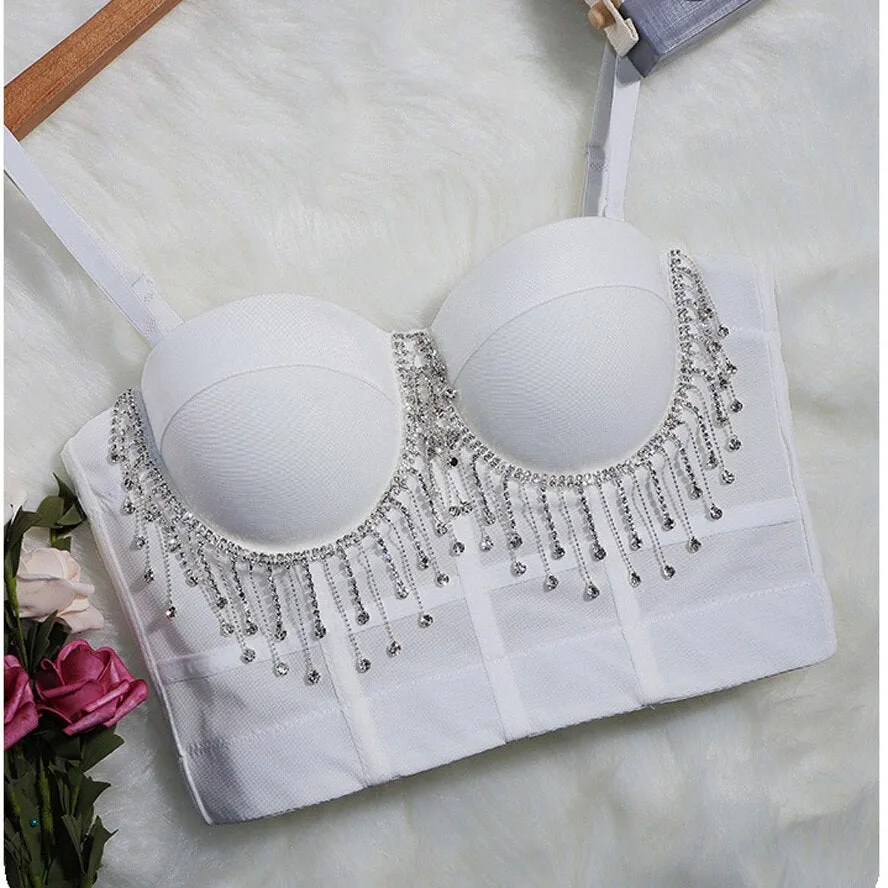 Full Beads Female Corset Top Camis Nightclub Rhinestones Sexy Short Chest Binder Camisole Women Mujer Push Up Tube Bra Debardeur