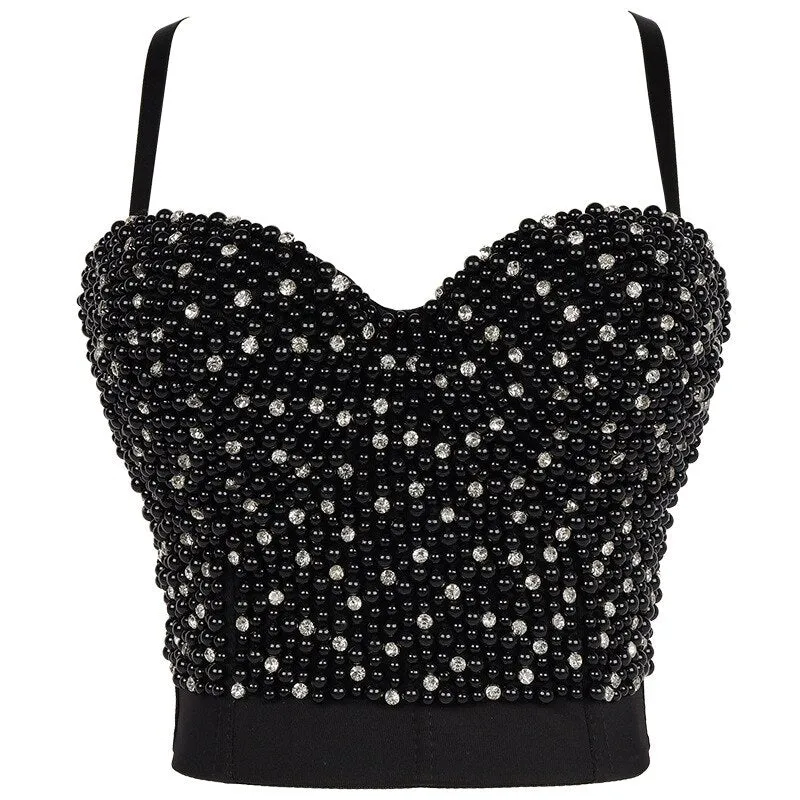 Full Beads Female Corset Top Camis Nightclub Rhinestones Sexy Short Chest Binder Camisole Women Mujer Push Up Tube Bra Debardeur