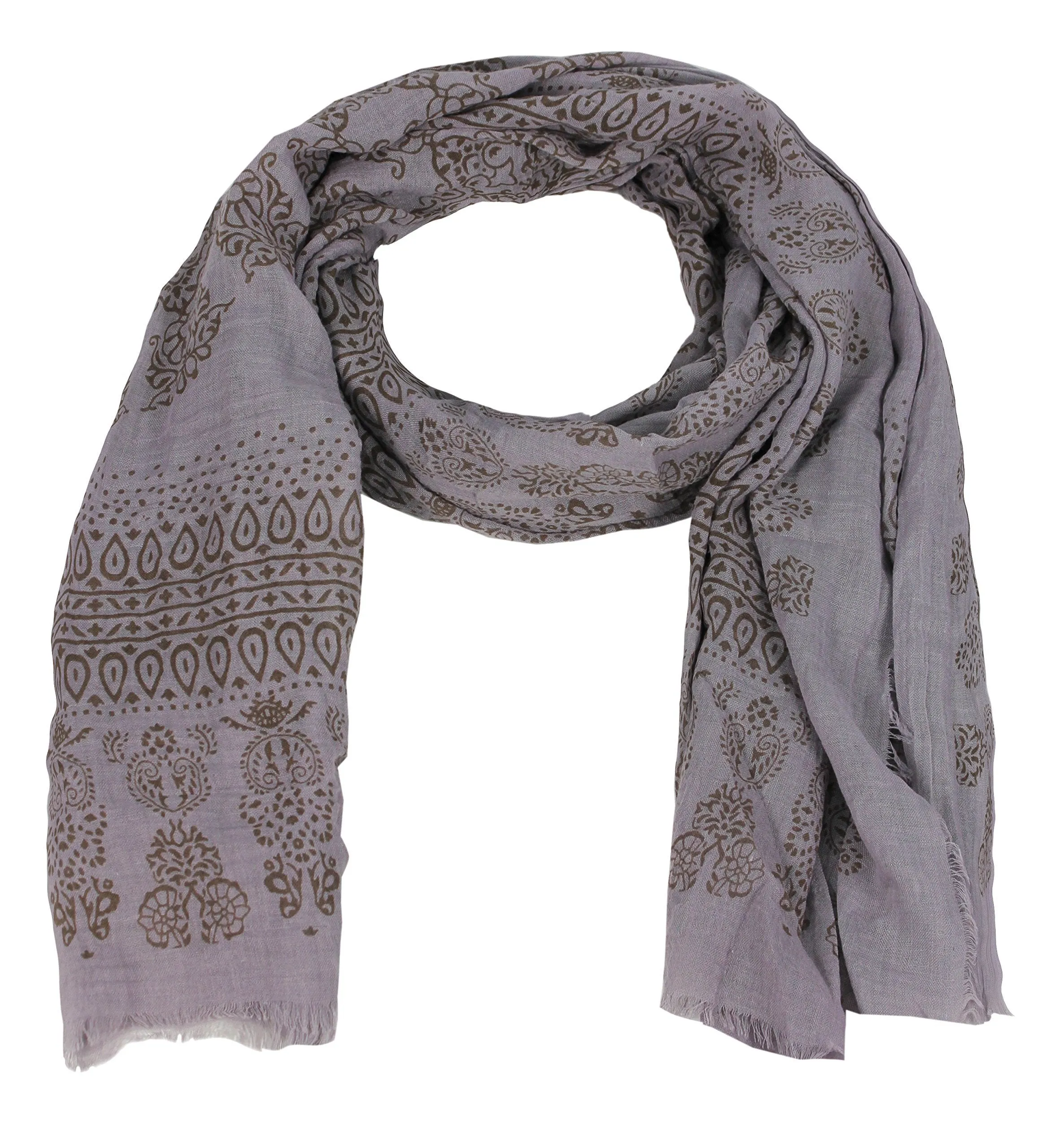 Gray Classic Lightweight Heavenly Henna Paisley Printed Eyelash Fringe Scarf