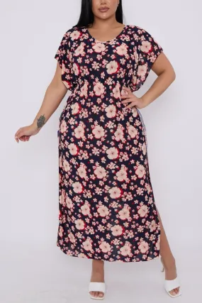 Hibiscus Flower Print Side Slit Kaftan Dress