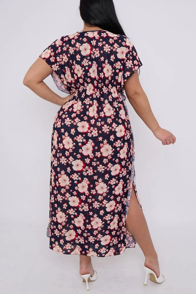 Hibiscus Flower Print Side Slit Kaftan Dress