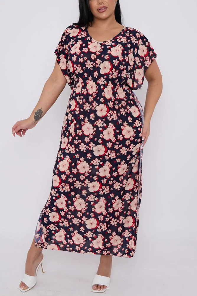 Hibiscus Flower Print Side Slit Kaftan Dress