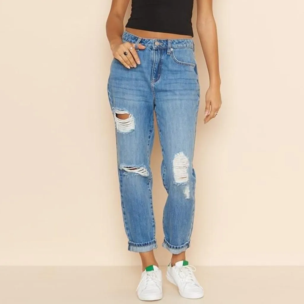 High Waist Jeans Hole Pocket Button Zipper