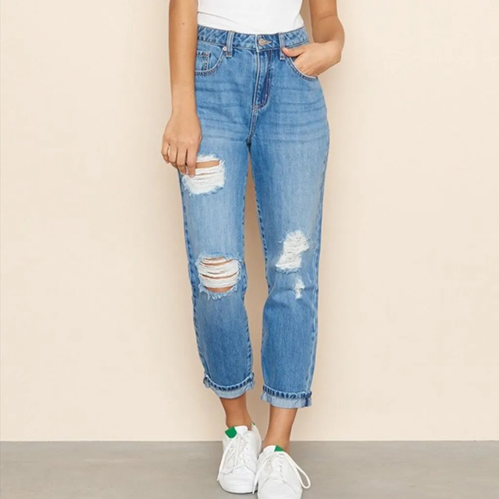 High Waist Jeans Hole Pocket Button Zipper