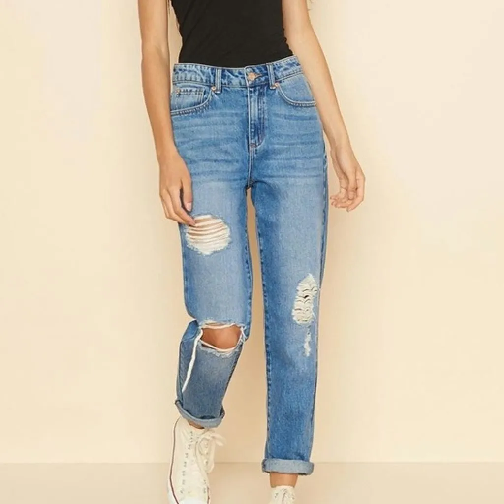 High Waist Jeans Hole Pocket Button Zipper