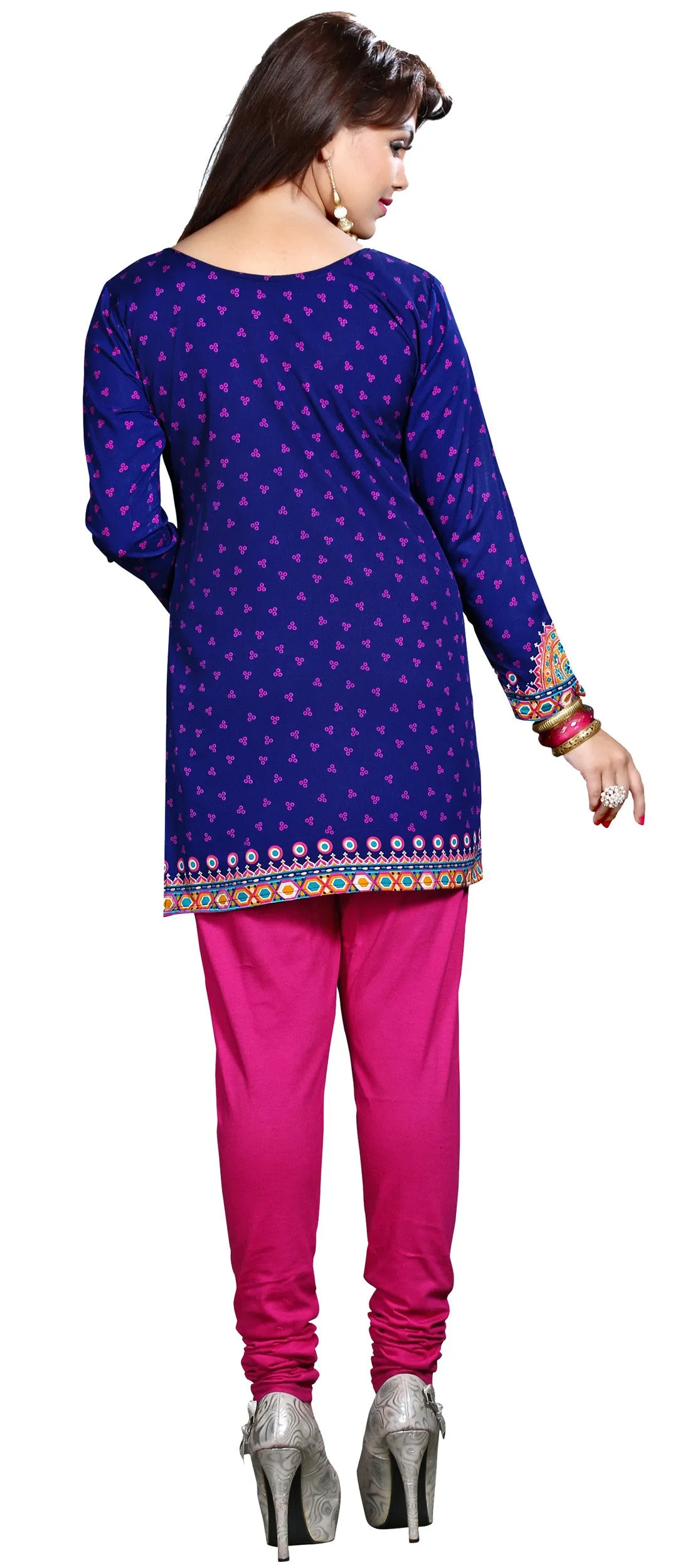 India Short Tunic Top Kurti Womens Printed Indian Apparel (Blue)