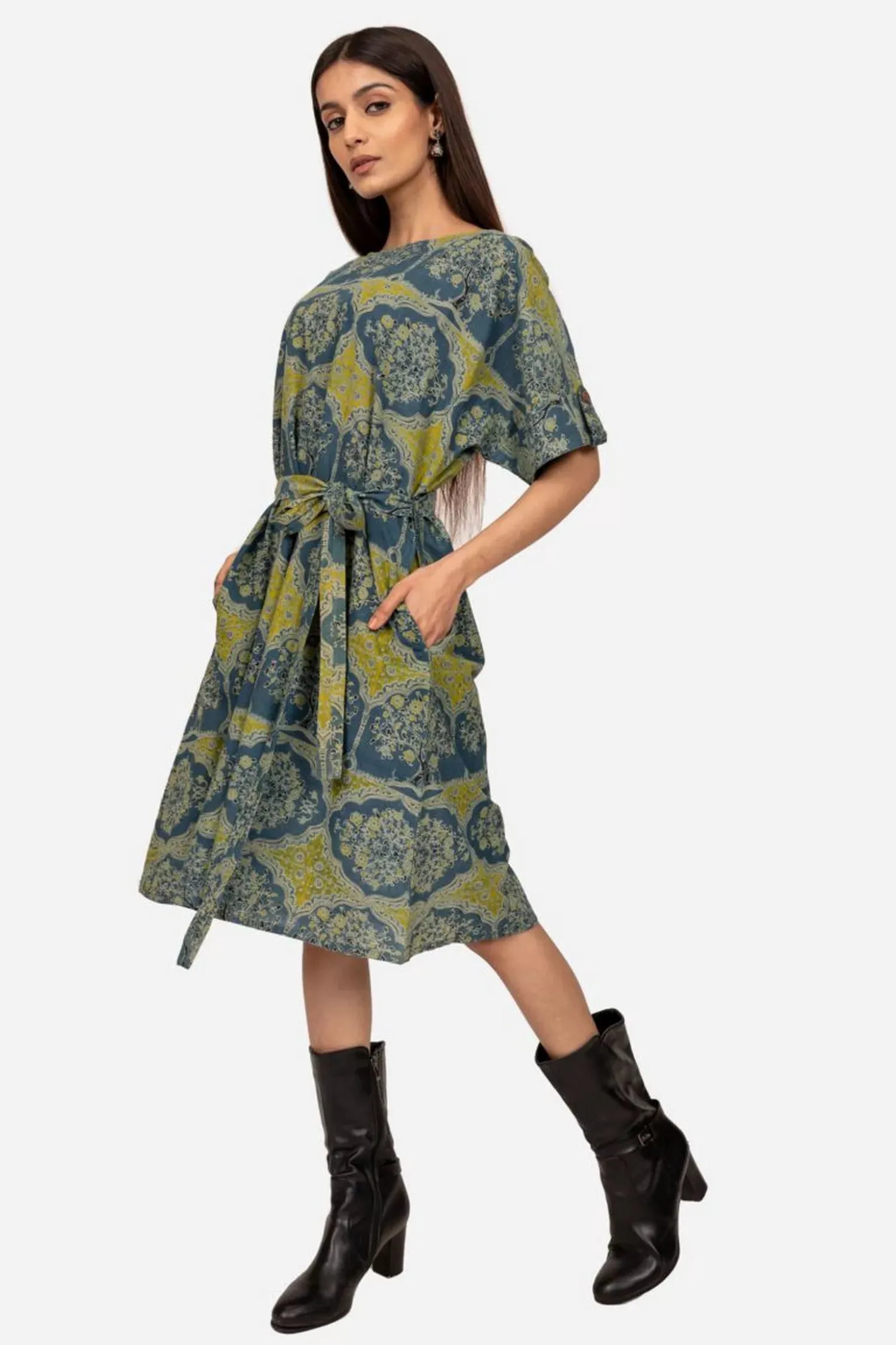 Indigo and mustard pocket tie up dress