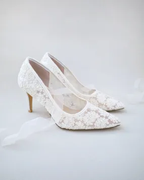 Ivory Crochet Wedding Pump with Sheer Lace Up