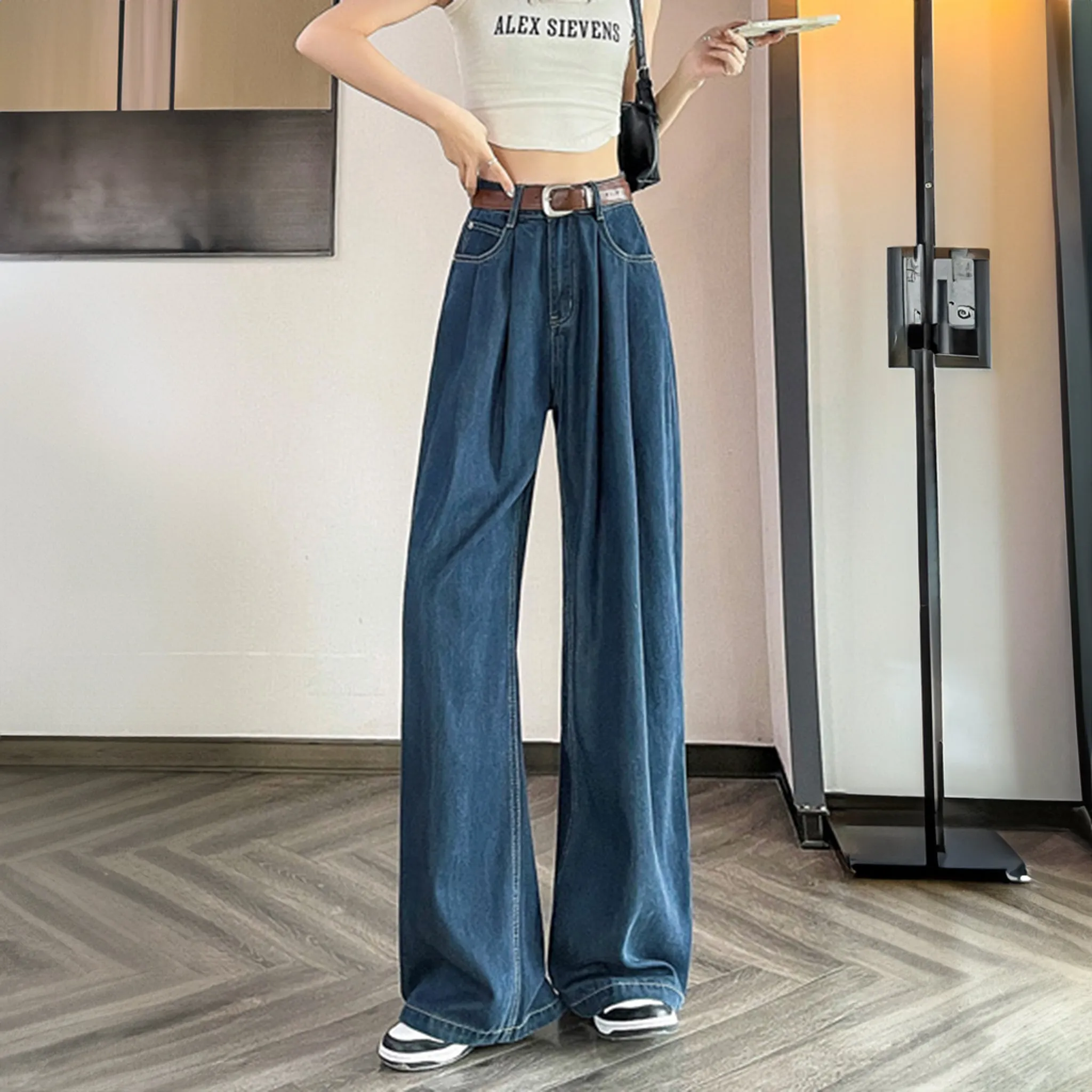 Light Blue Cotton Korean baggy pants for women