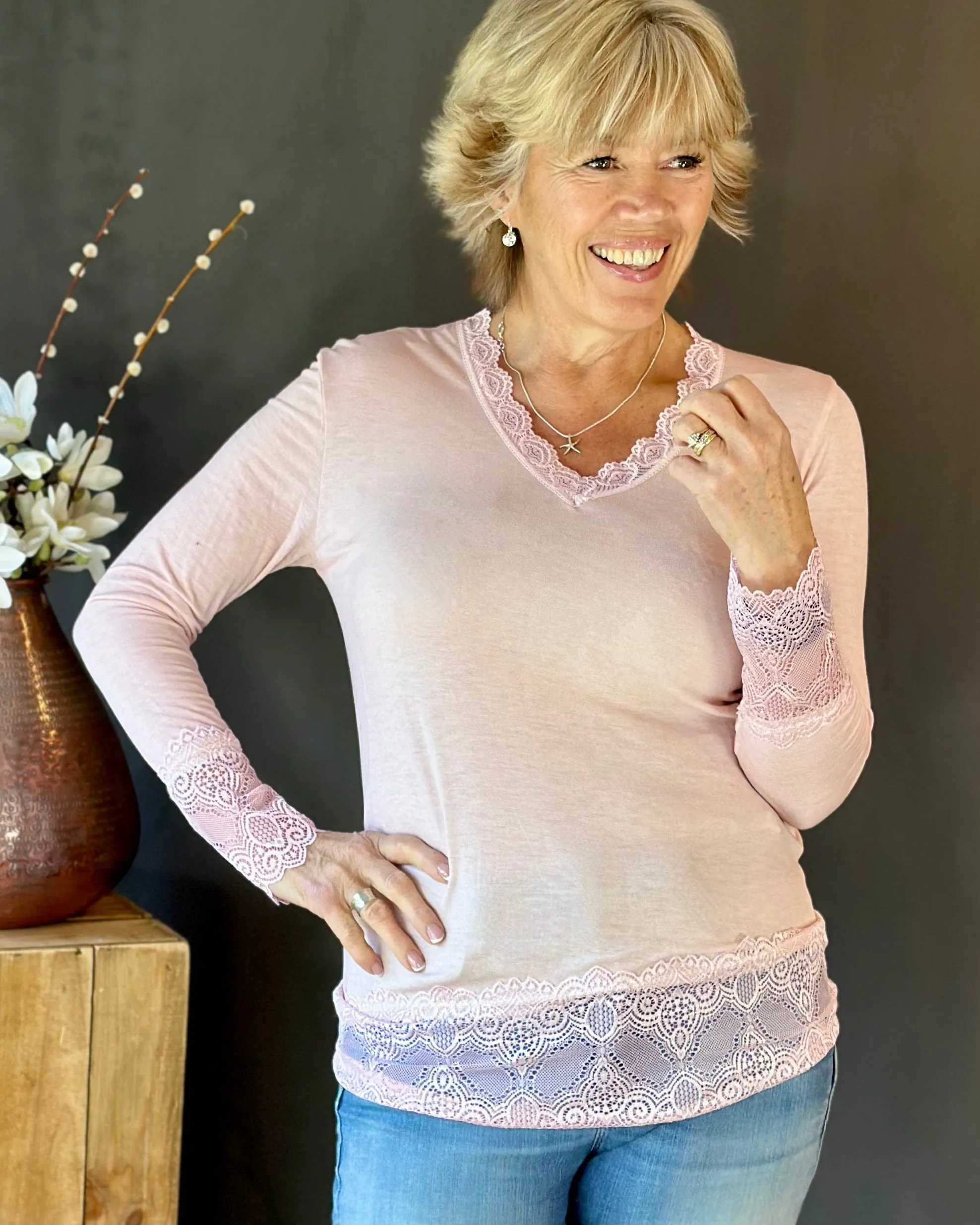 Long Sleeved Lace Detail Top - Pale Pink