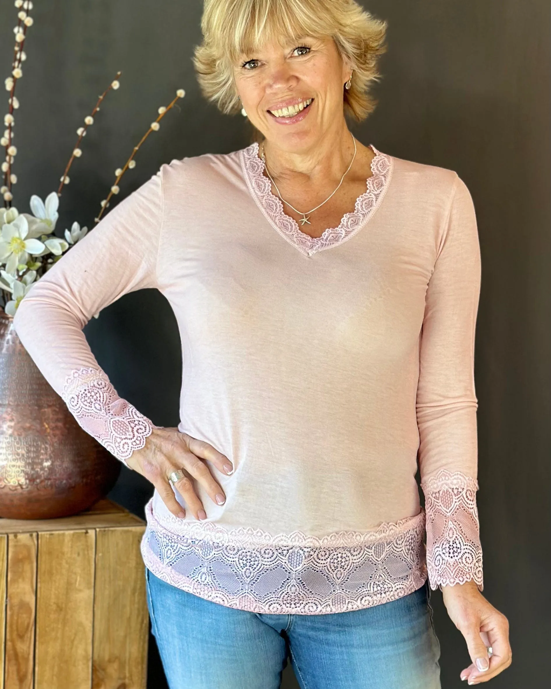 Long Sleeved Lace Detail Top - Pale Pink