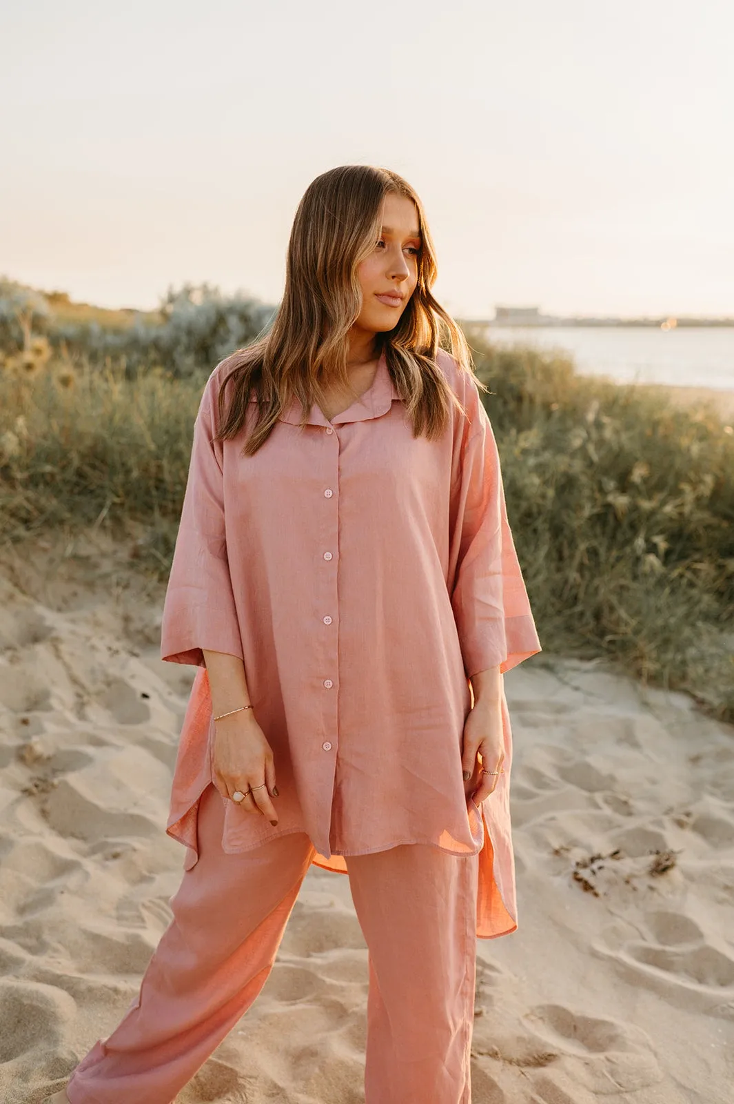 Margot Oversized Linen Shirt Dress in Old Rose